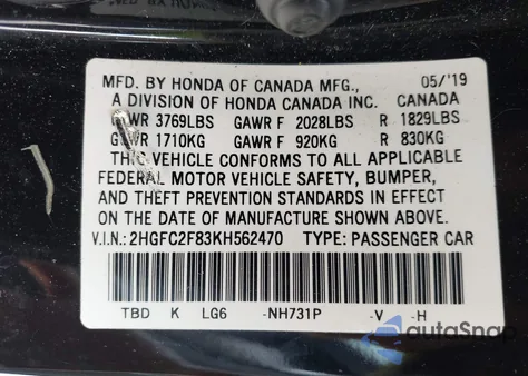 2019 Honda Civic Sport из США, поврежденный, VIN 2HGFC2F83KH562470